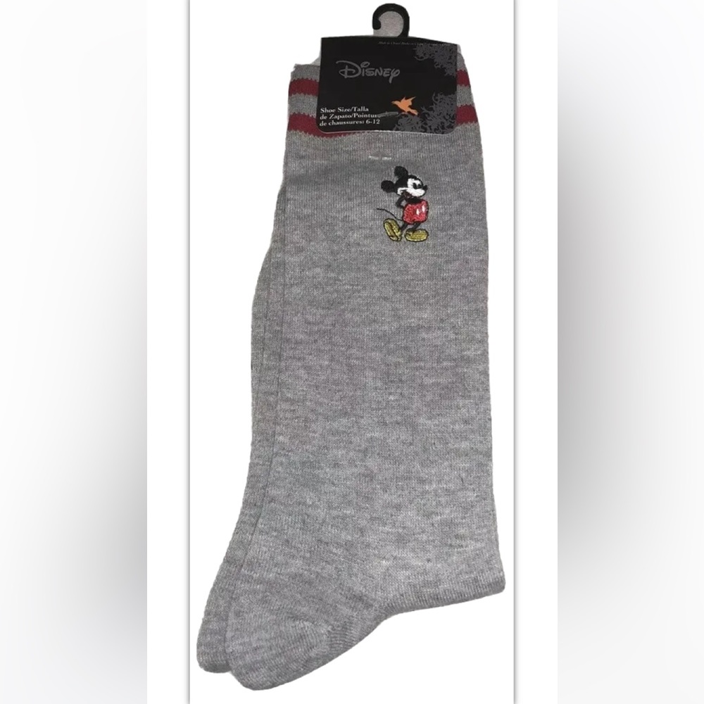Disney Mickey Mouse Crew Socks 1 Pair Men 6-12 Grey Red w Embroidered Mickey NEW